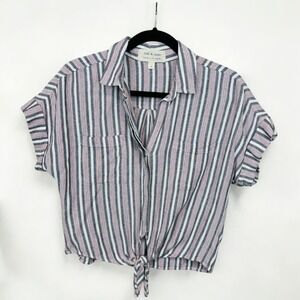 Cloth & Stone Anthropologie Linen Cropped Shirt Front Tie Women's XS Blue Stripe